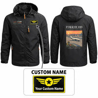 Thumbnail for Fokker 100 Stylish Jackets - Hooded Windbreaker - Poster + Name - Black