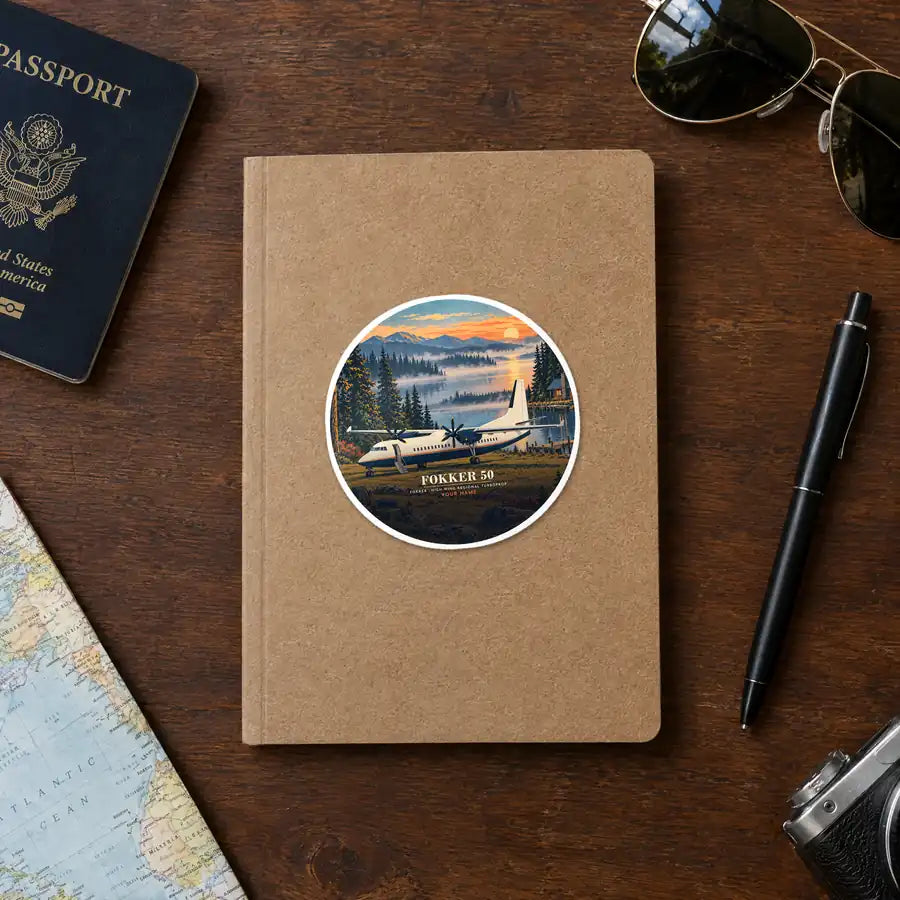 Fokker 50 - 3D + Name - Circle Sticker - Notebook