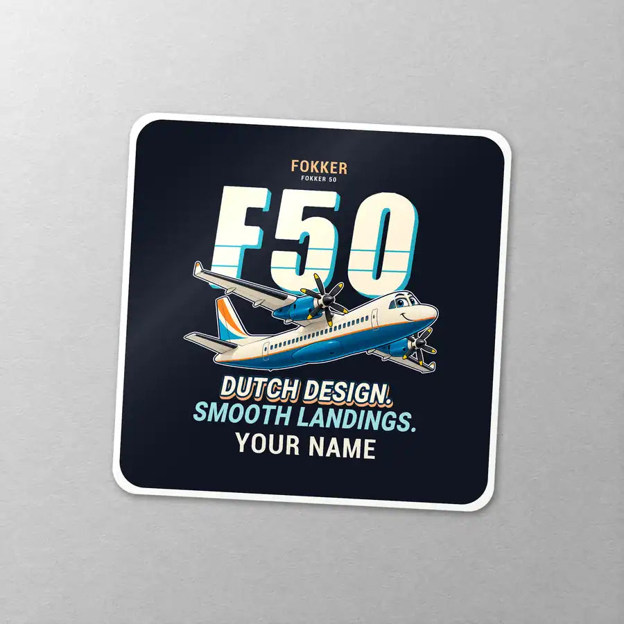 Fokker 50 - Cartoon + Name - Square Sticker - Close-up