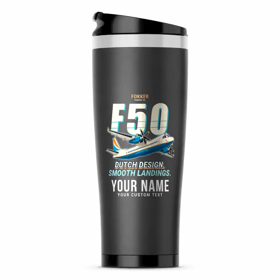 Fokker 50 - Cartoon + Name - Stainless Steel (No Holder) - Gray