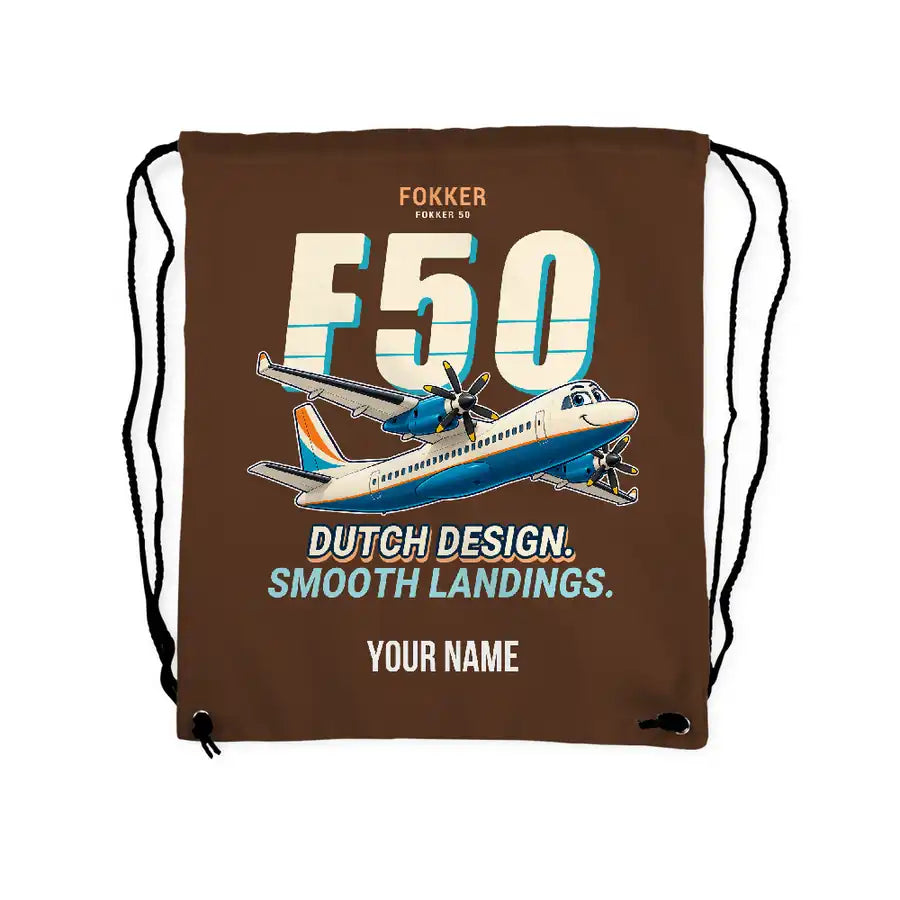 Fokker 50 - Drawstring Bag - Cartoon + Name - Brown