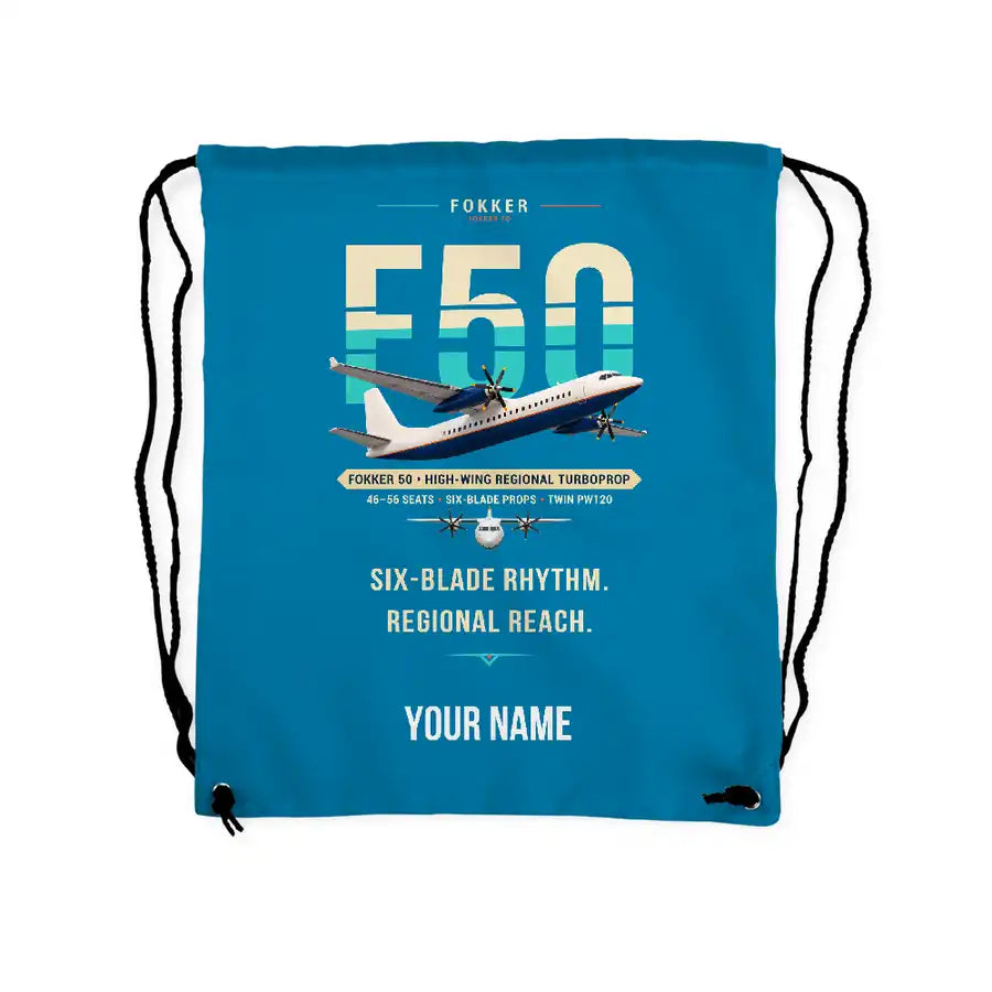 Fokker 50 - Drawstring Bag - Original + Name - Light Blue