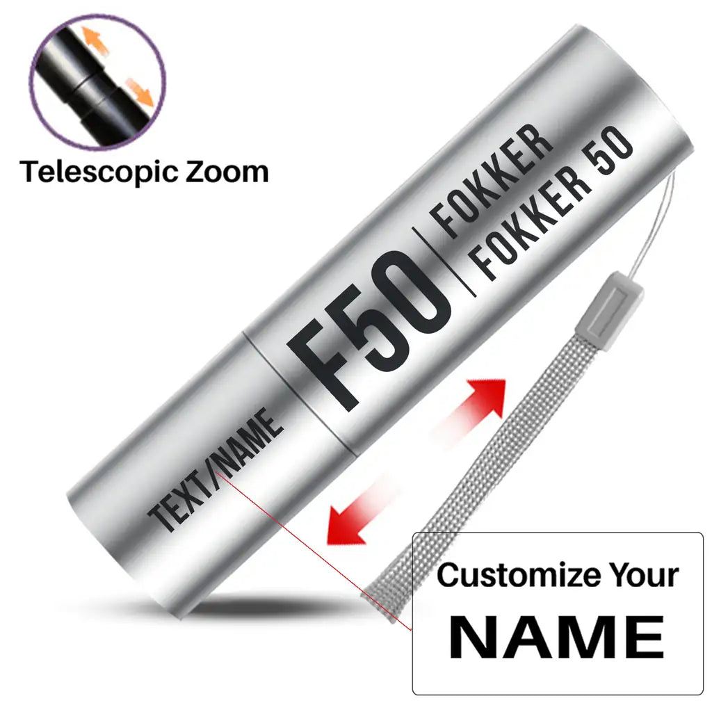 Fokker 50 - Mini LED Flashlight - Tag - Silver + Name