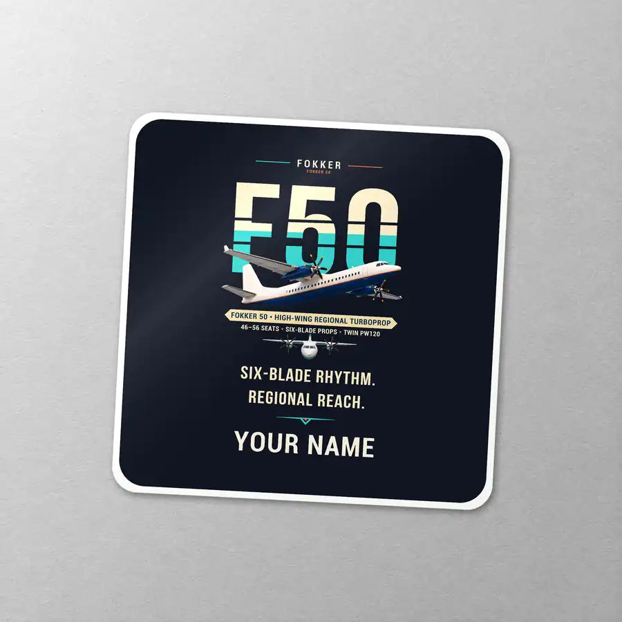 Fokker 50 - Original + Name - Square Sticker - Close-up