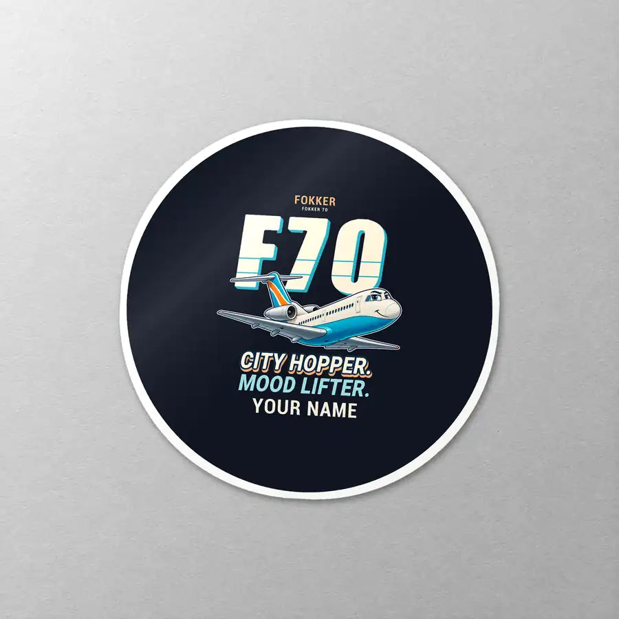 Fokker 70 - Cartoon + Name - Circle Sticker - Close-up
