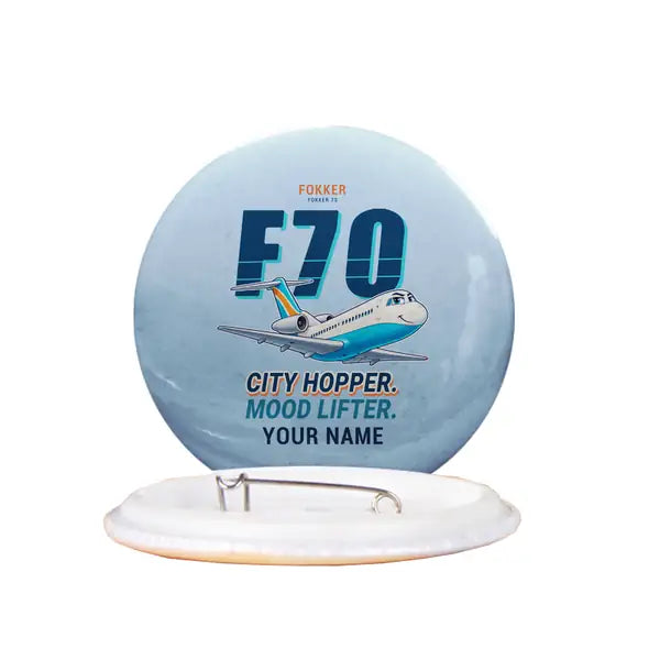 Fokker 70 - Cartoon + Name - Pin - Light Blue