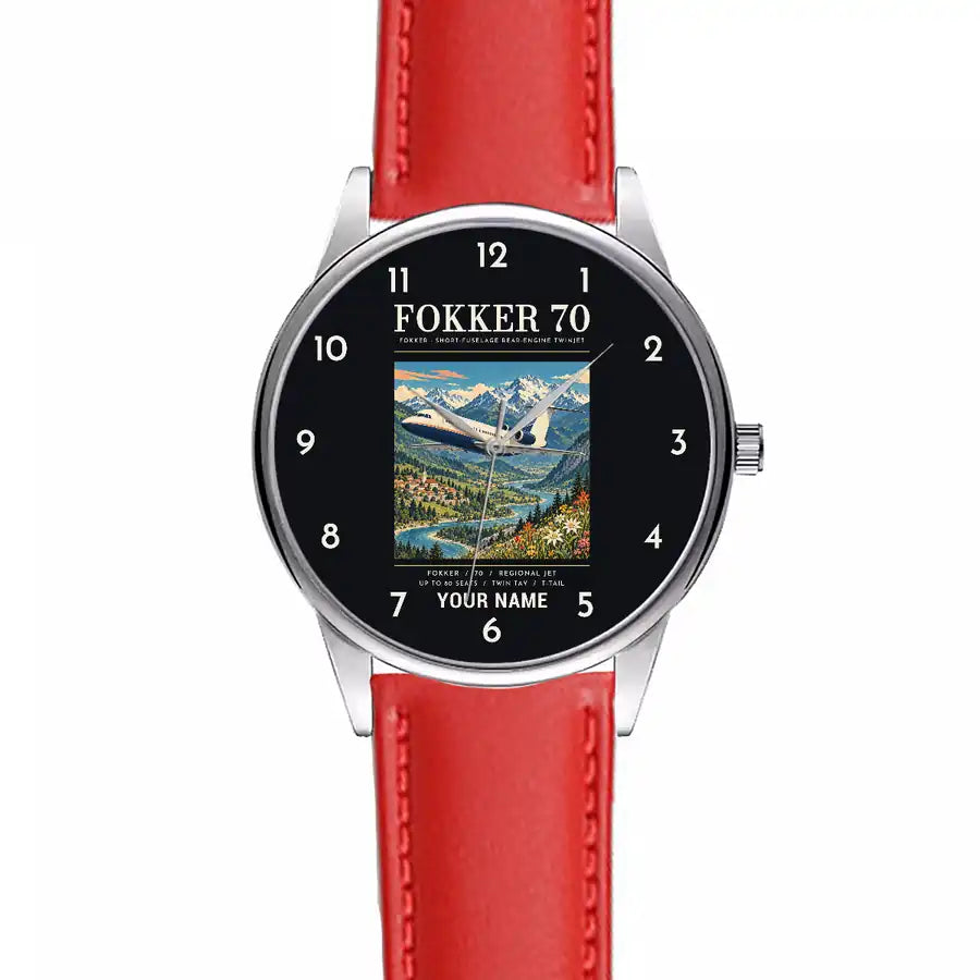 Fokker 70 - Poster + Name - Leather Strap - Red Leather Strap