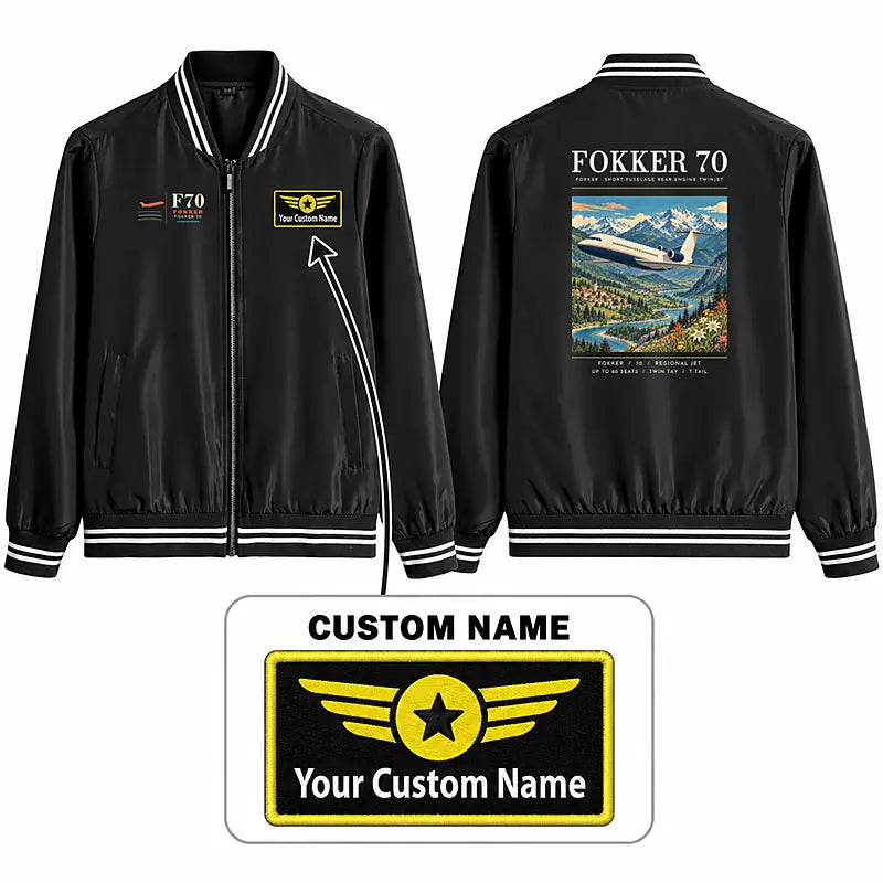 Fokker 70 Stylish Jackets - Baseball Collar - Poster + Name - Black