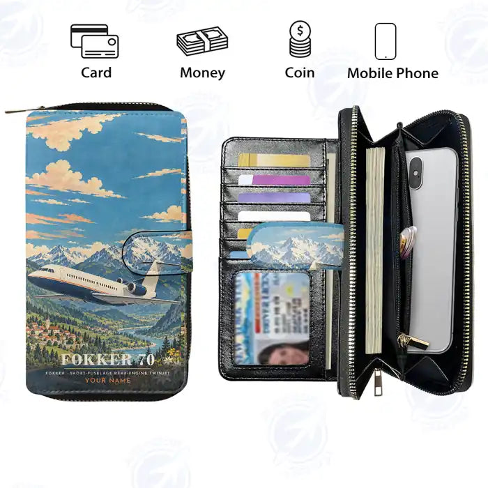 Fokker 70 Leather Wallets - Zip Long Wallet - 3D + Name