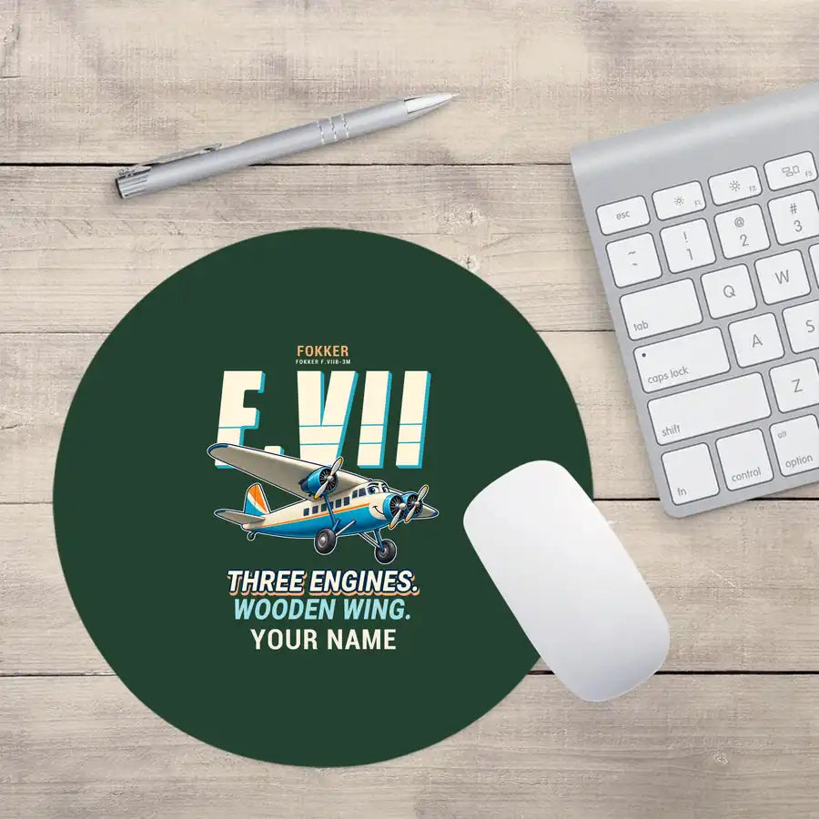 Fokker F.VIIb-3m - Cartoon + Name - Round Mouse Pad - Dark Green