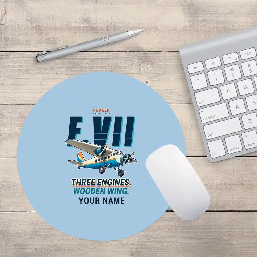 Fokker F.VIIb-3m - Cartoon + Name - Round Mouse Pad - Light Blue