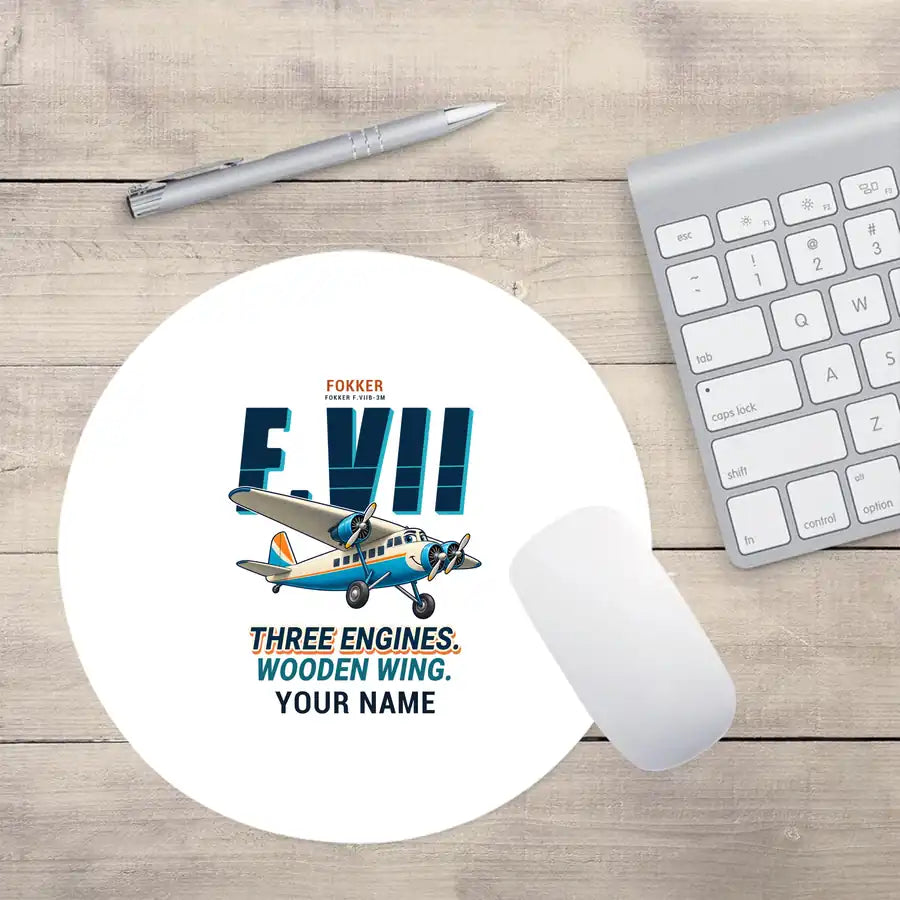 Fokker F.VIIb-3m - Cartoon + Name - Round Mouse Pad - White