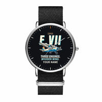 Thumbnail for Fokker F.VIIb-3m - Cartoon + Name - Slim Leather - Silver and Black Nylon Strap