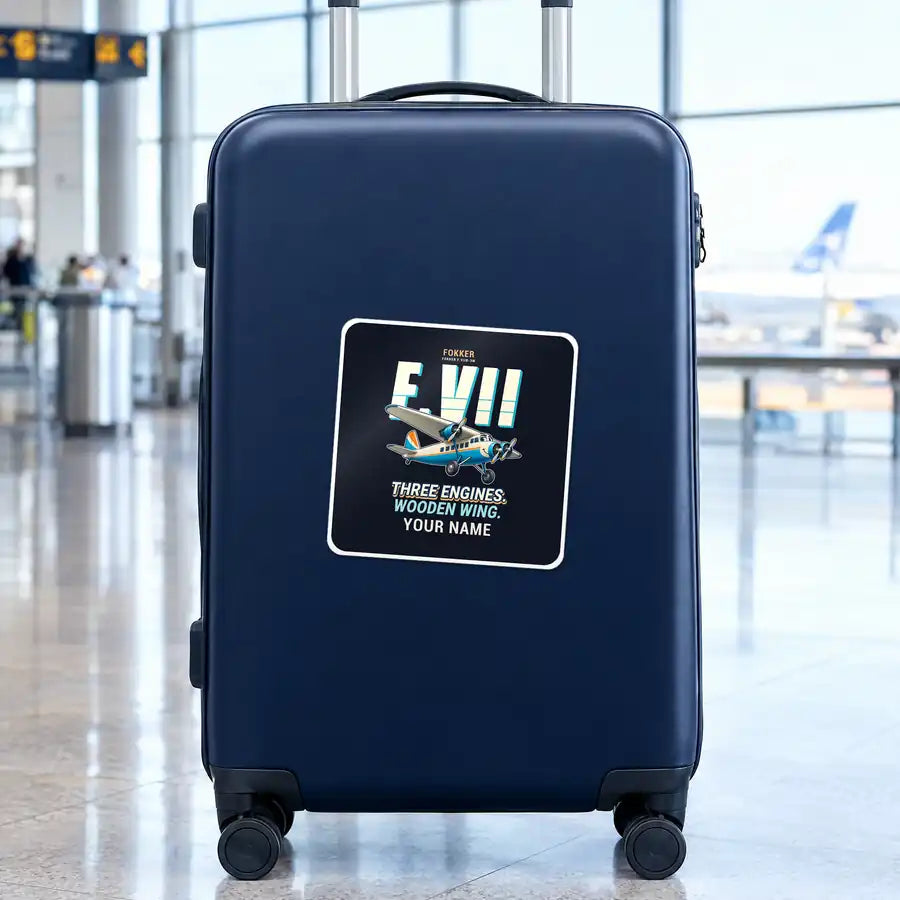 Fokker F.VIIb-3m - Cartoon + Name - Square Sticker - Suitcase