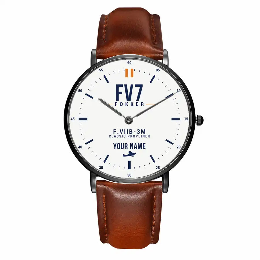 Fokker F.VIIb-3m - Classic - White + Name - Slim Leather - Black and Brown Leather Strap