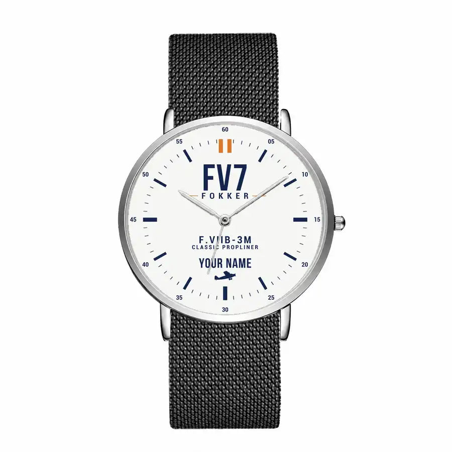 Fokker F.VIIb-3m - Classic - White + Name - Slim Mesh - Silver and Black Stainless Steel Strap