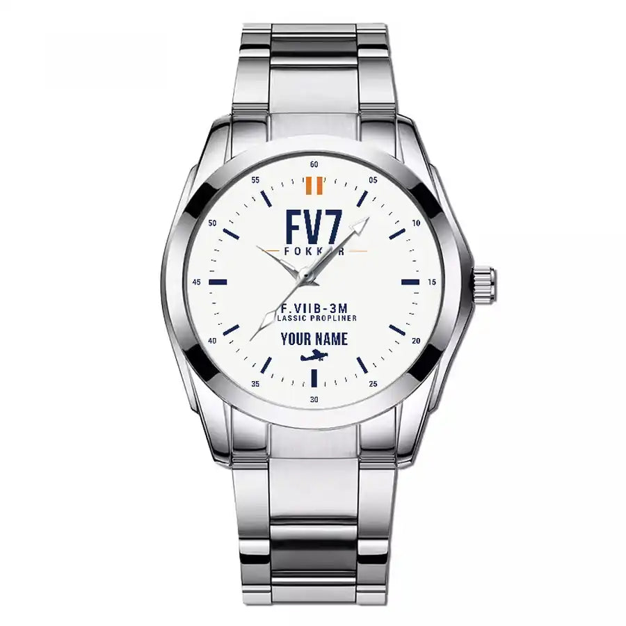 Fokker F.VIIb-3m - Classic - White + Name - Stainless Steel Band - For Men