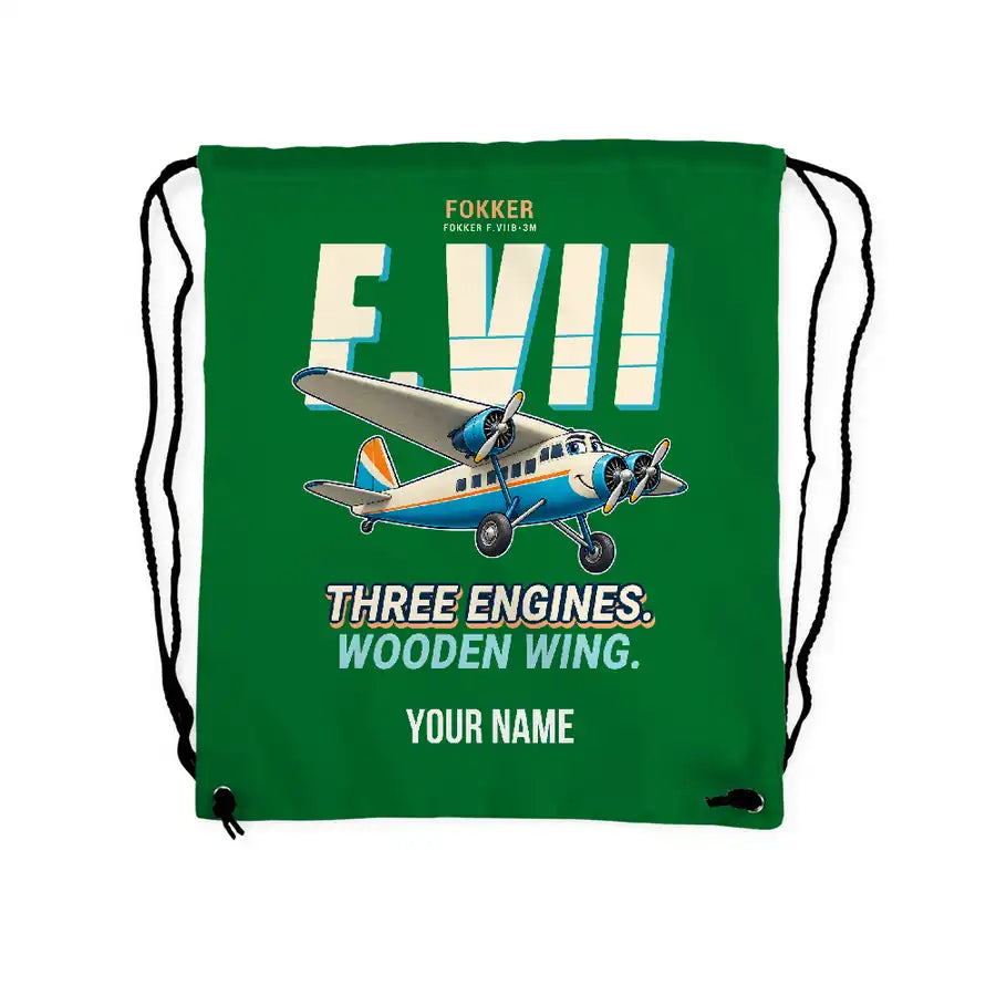 Fokker F.VIIb-3m - Drawstring Bag - Cartoon + Name - Green