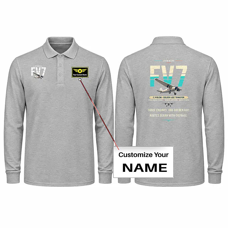 Fokker F.VIIb-3m Premium Polo T-Shirts - Original + Name - Long Sleeve - Gray