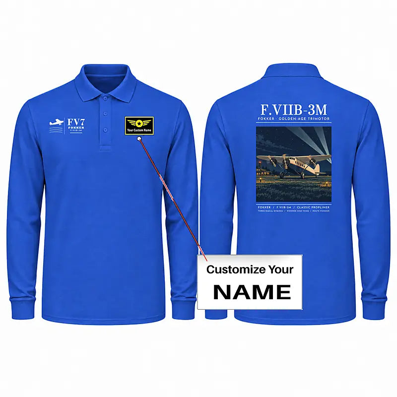 Fokker F.VIIb-3m Premium Polo T-Shirts - Poster + Name - Long Sleeve - Blue