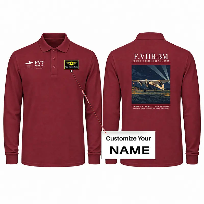Fokker F.VIIb-3m Premium Polo T-Shirts - Poster + Name - Long Sleeve - Dark Red