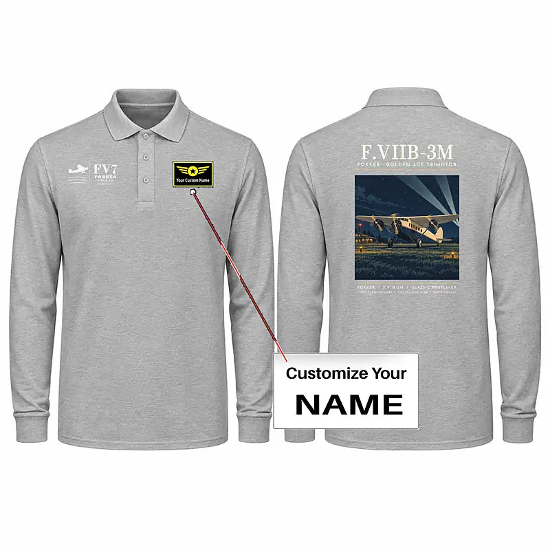 Fokker F.VIIb-3m Premium Polo T-Shirts - Poster + Name - Long Sleeve - Gray