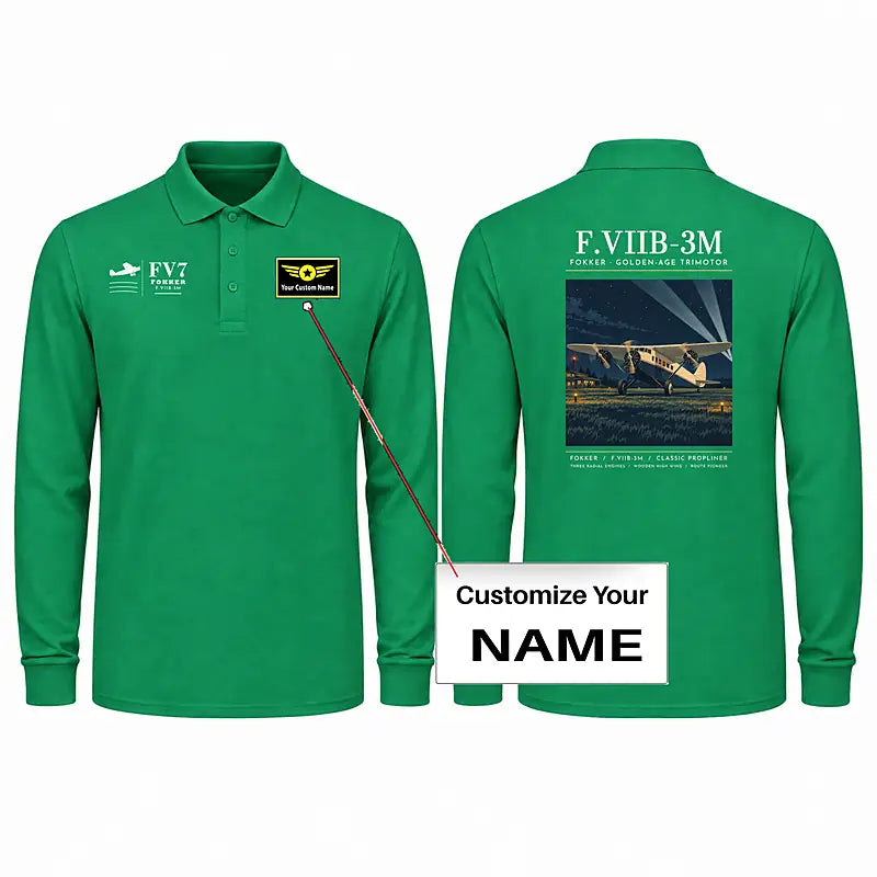 Fokker F.VIIb-3m Premium Polo T-Shirts - Poster + Name - Long Sleeve - Green