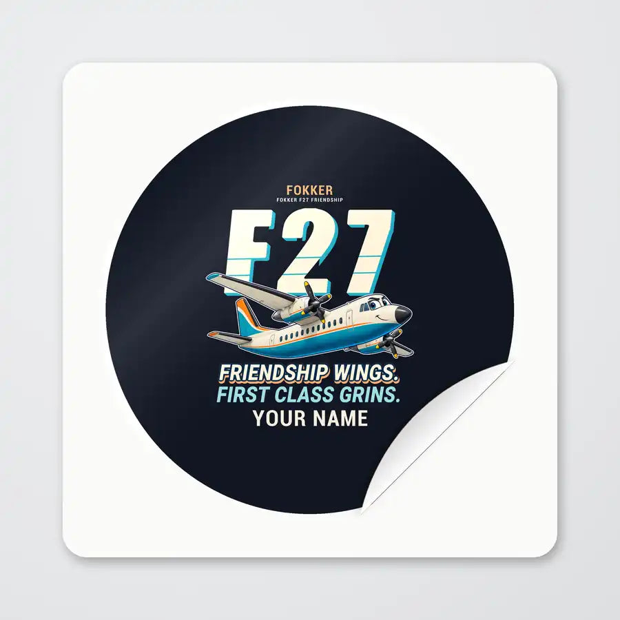 Fokker F27 Mark 500 Friendship - Cartoon + Name - Circle Sticker - Peel