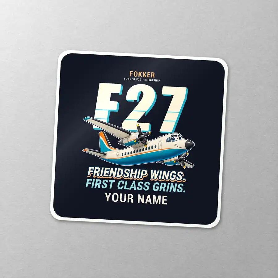 Fokker F27 Mark 500 Friendship - Cartoon + Name - Square Sticker - Close-up