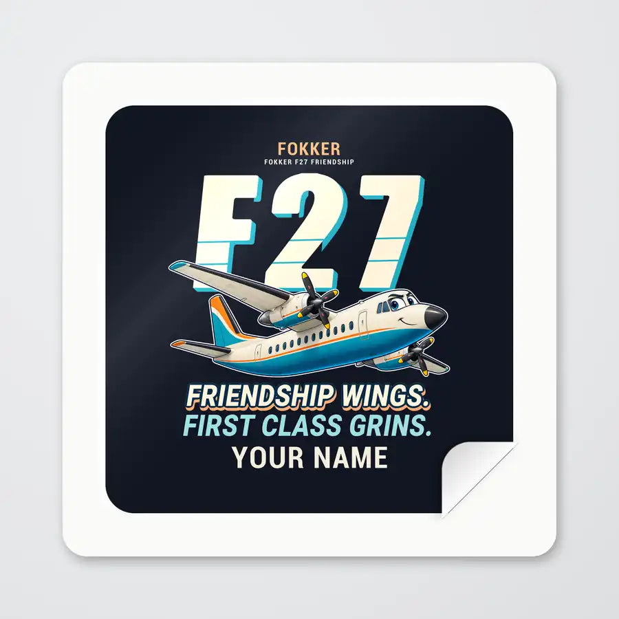 Fokker F27 Mark 500 Friendship - Cartoon + Name - Square Sticker - Peel