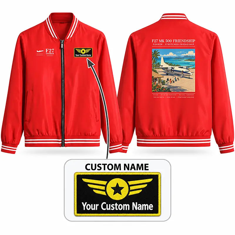 Fokker F27 Mark 500 Friendship Stylish Jackets - Baseball Collar - Poster + Name - Red
