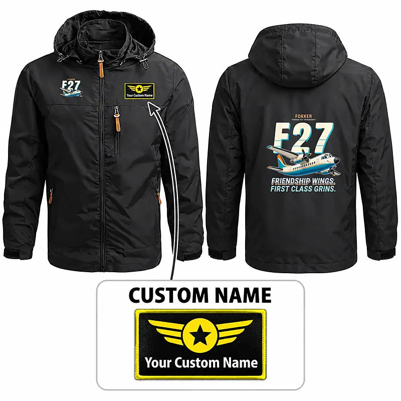 Fokker F27 Mark 500 Friendship Stylish Jackets - Hooded Windbreaker - Cartoon + Name - Black