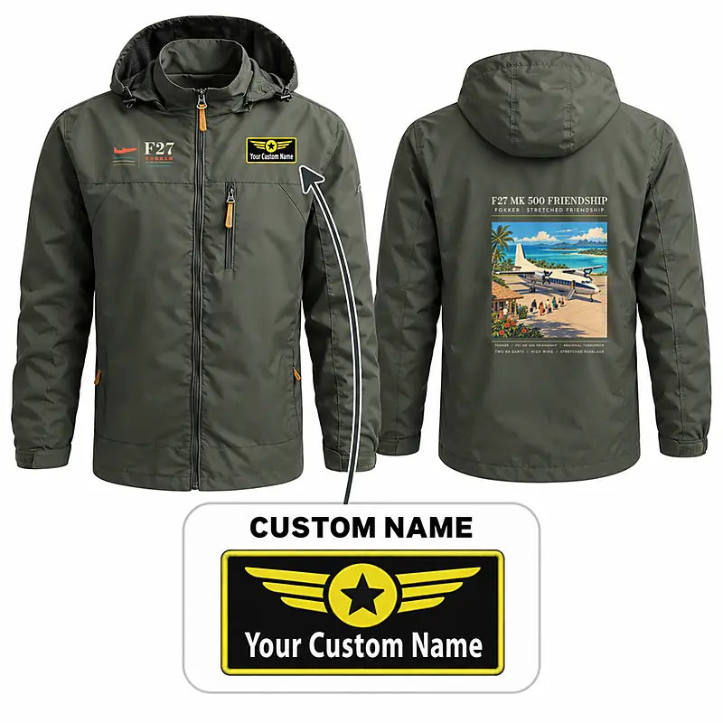 Fokker F27 Mark 500 Friendship Stylish Jackets - Hooded Windbreaker - Poster + Name - Olive Green