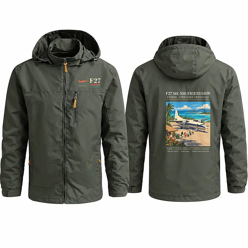 Fokker F27 Mark 500 Friendship Stylish Jackets - Hooded Windbreaker - Poster - Olive Green