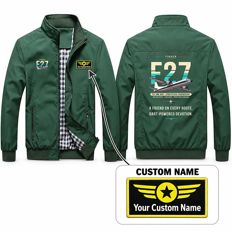 Fokker F27 Mark 500 Friendship Stylish Jackets - Stand Collar - Original + Name - Green
