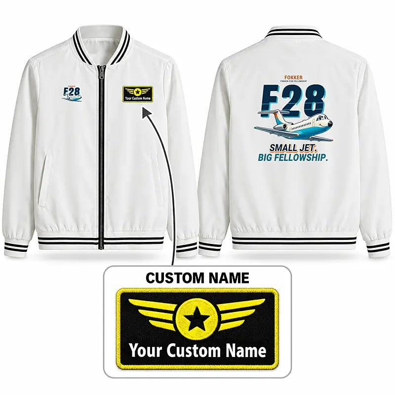 Fokker F28 Mark 4000 Fellowship Stylish Jackets - Baseball Collar - Cartoon + Name - White