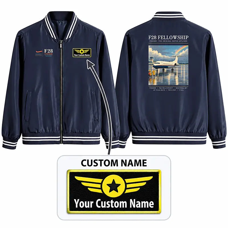 Fokker F28 Mark 4000 Fellowship Stylish Jackets - Baseball Collar - Poster + Name - Navy Blue