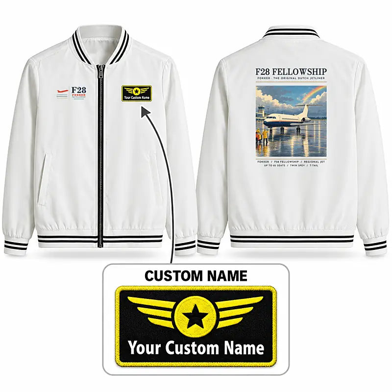 Fokker F28 Mark 4000 Fellowship Stylish Jackets - Baseball Collar - Poster + Name - White