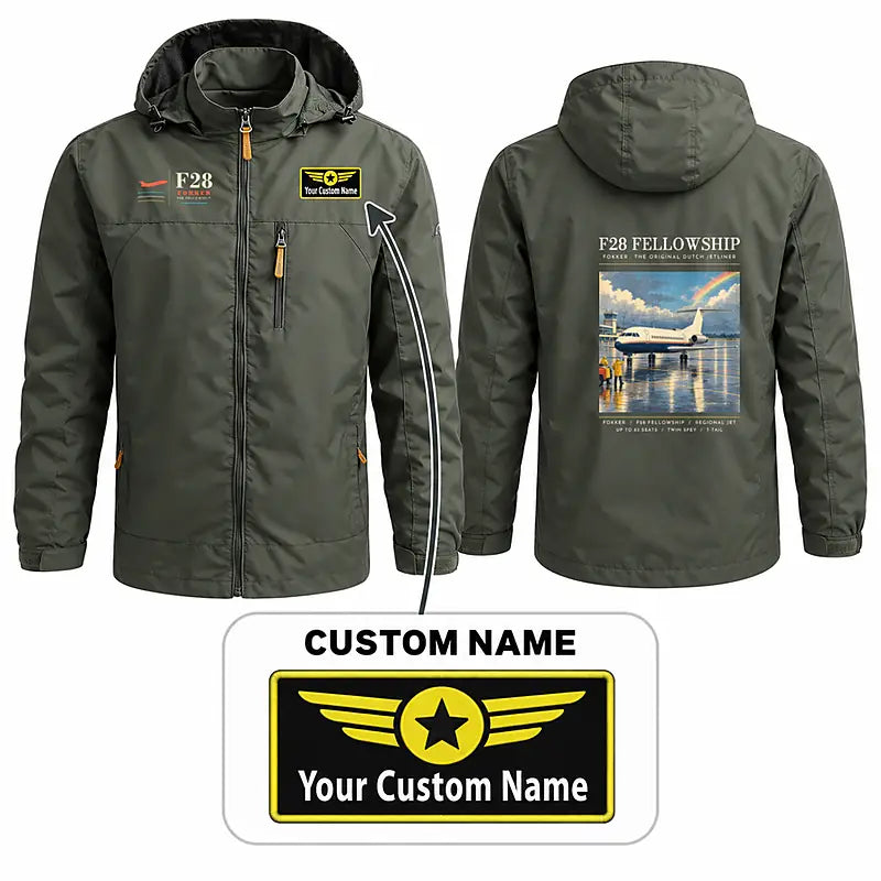 Fokker F28 Mark 4000 Fellowship Stylish Jackets - Hooded Windbreaker - Poster + Name - Olive Green