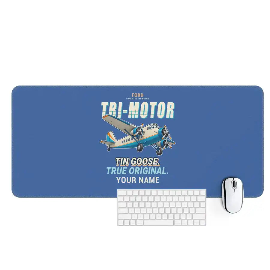 Ford 5-AT Tri-Motor - Cartoon + Name - Desk Mat - Blue