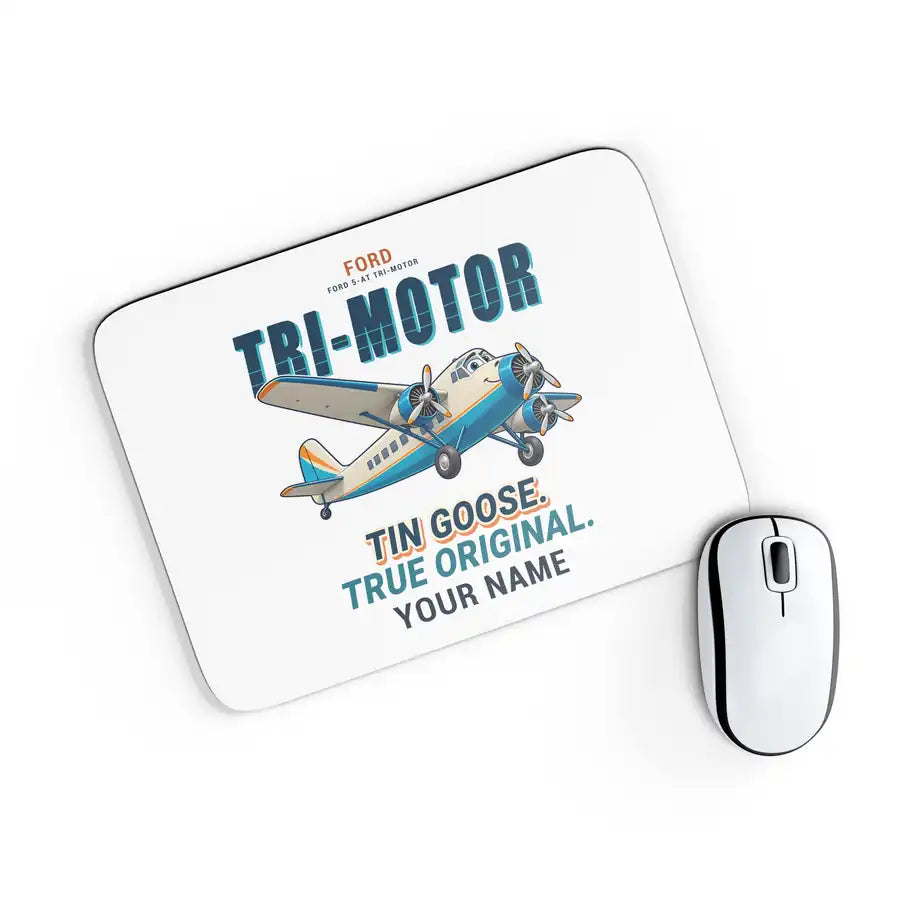 Ford 5-AT Tri-Motor - Cartoon + Name - Mouse Pad - White
