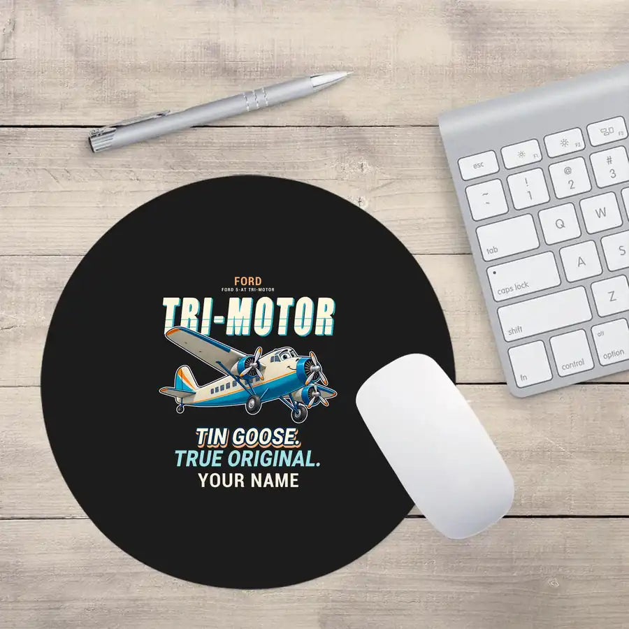 Ford 5-AT Tri-Motor - Cartoon + Name - Round Mouse Pad - Black