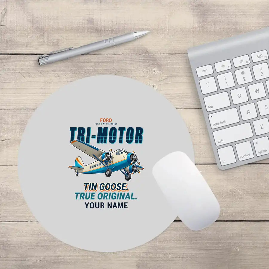 Ford 5-AT Tri-Motor - Cartoon + Name - Round Mouse Pad - Light Gray