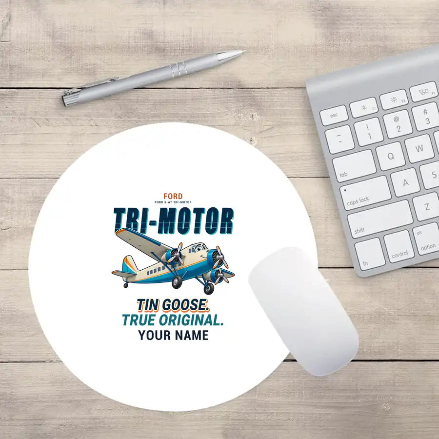 Ford 5-AT Tri-Motor - Cartoon + Name - Round Mouse Pad - White