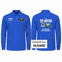 Thumbnail for Ford 5-AT Tri-Motor Premium Polo T-Shirts - Cartoon + Name - Long Sleeve - Blue