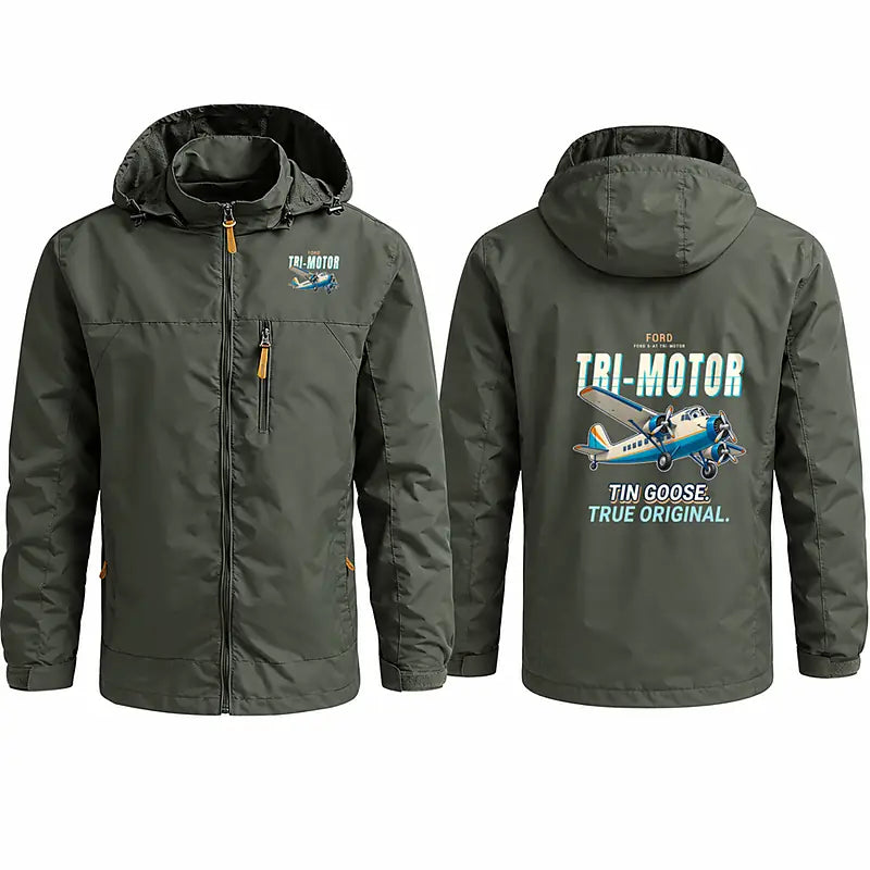 Ford 5-AT Tri-Motor Stylish Jackets - Hooded Windbreaker - Cartoon - Olive Green