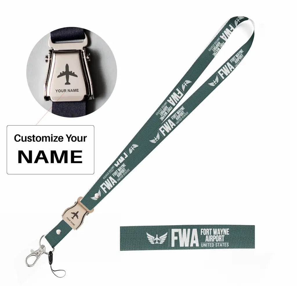 Fort Wayne International Airport (FWA) seat belt lanyard - dark green with name