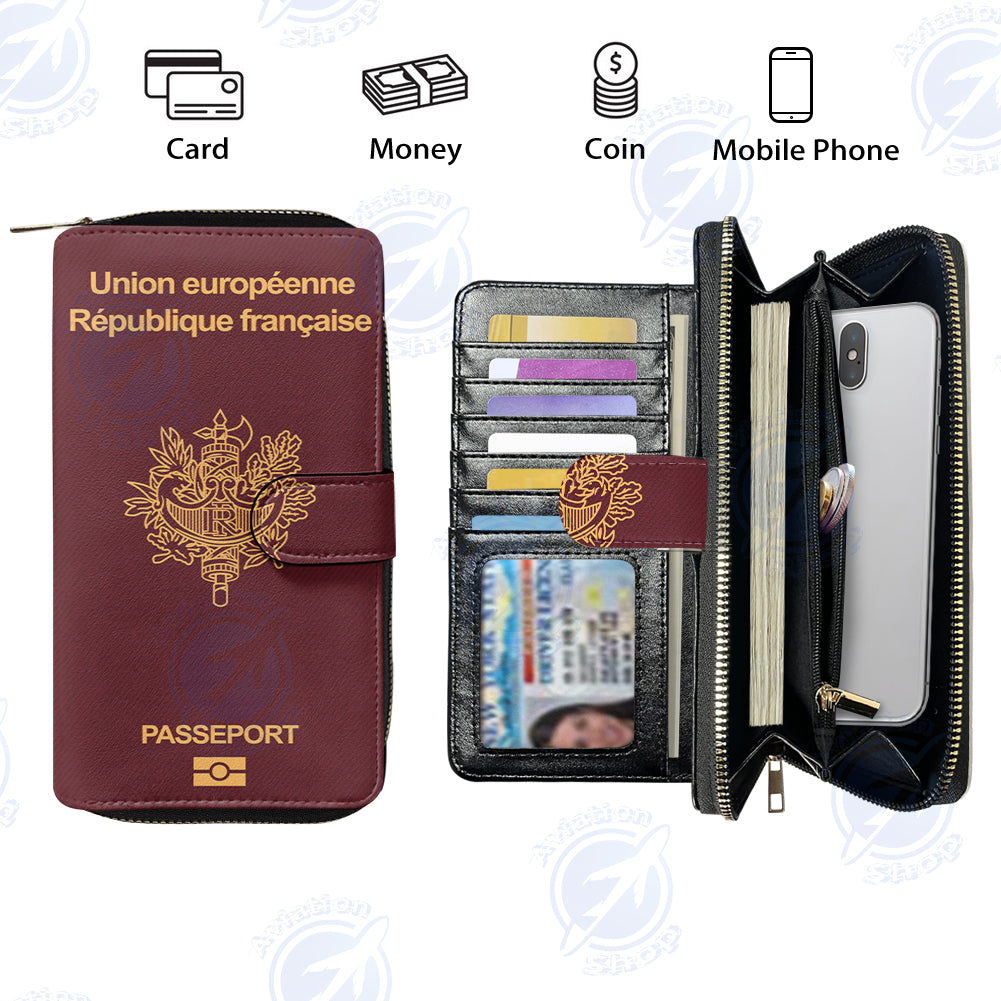 French Passport Designed Leather Long Zipper Wallets