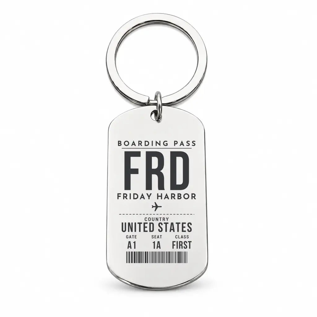 Friday Harbor Airport FRD - Key Chain - Boarding Pass Style - Silver