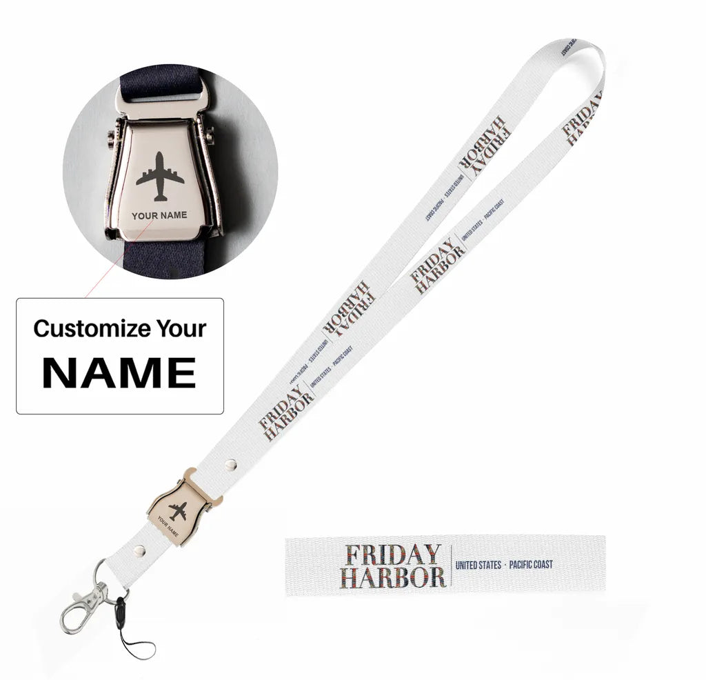 Friday Harbor City Series seat belt lanyard - white with name